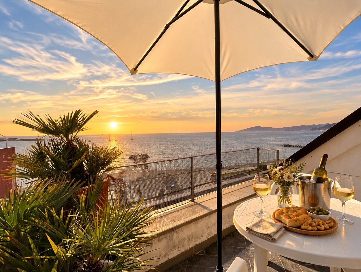 Il terrazzo dell'attico con un aperitivo al tramonto e vista sul mare e sul promontorio di Portofino